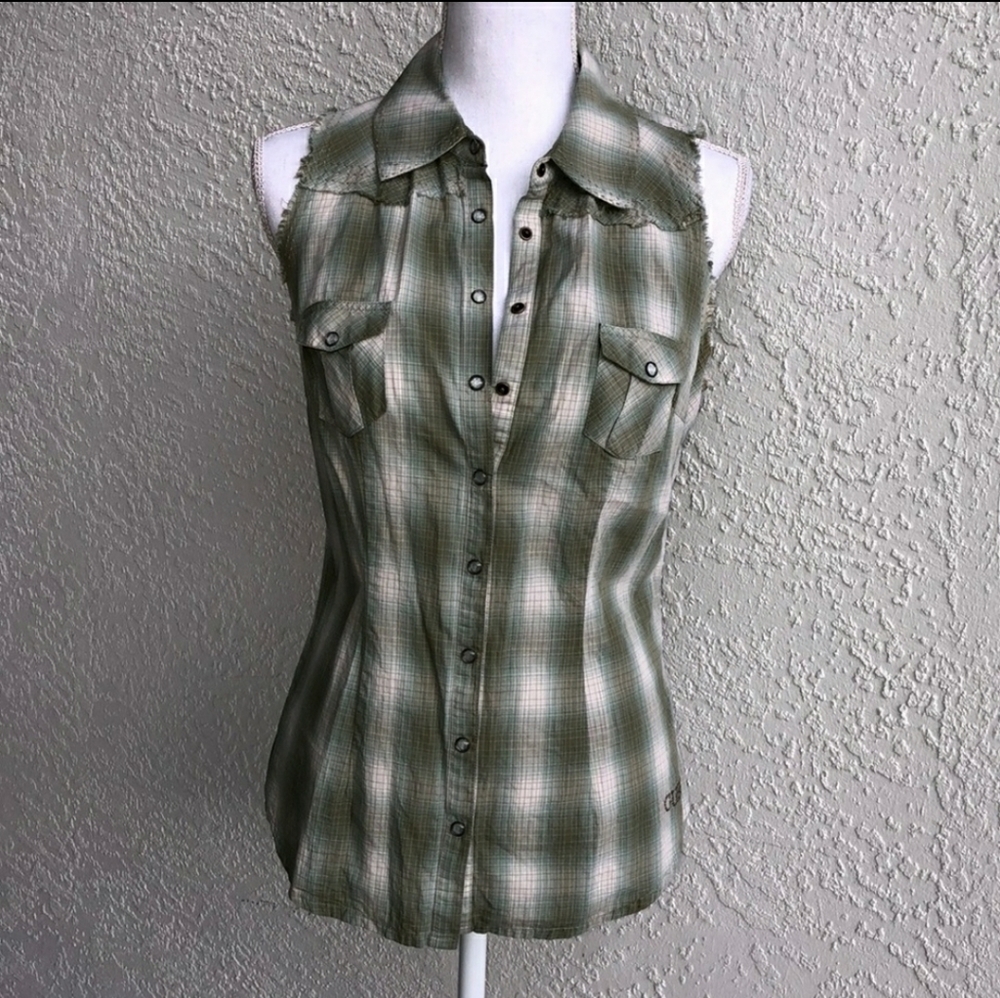 Guess green plaid button down tank